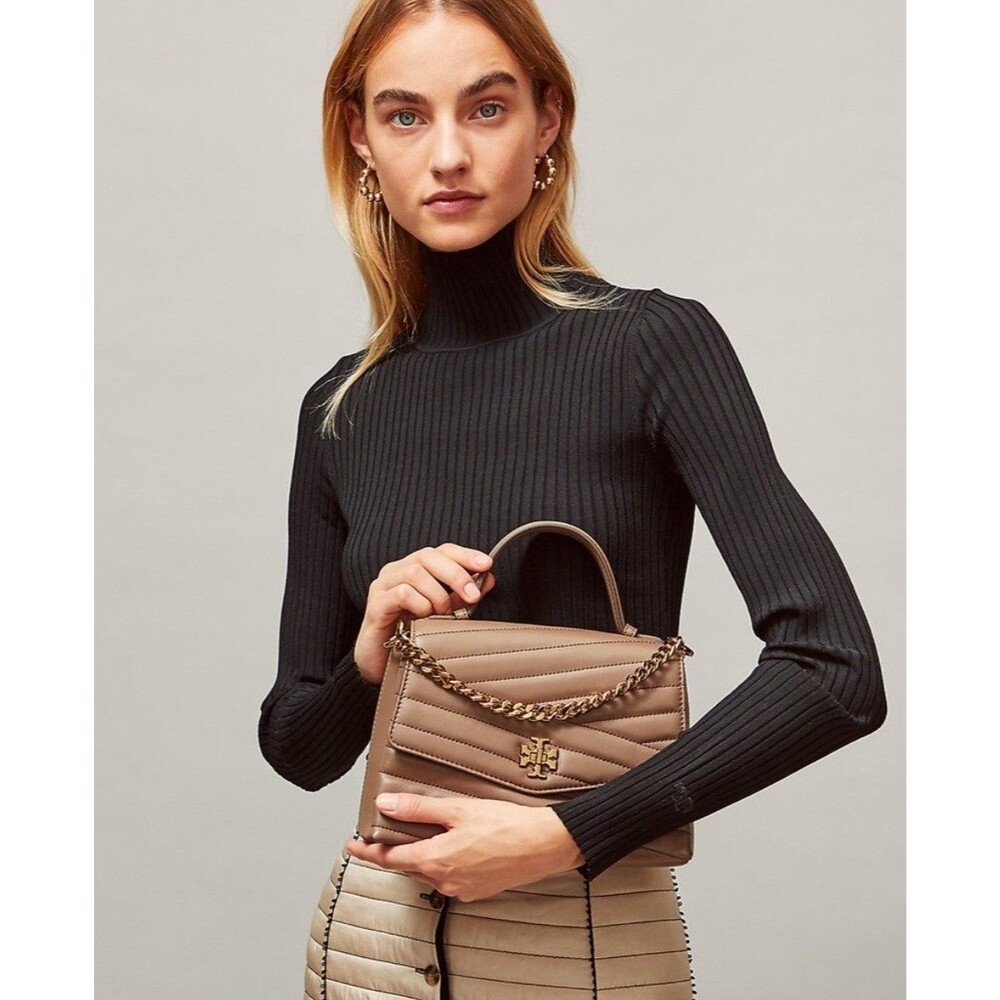 Tory Burch Taupe Quilted Top-Handle Crossbody Bag with Gold Chain